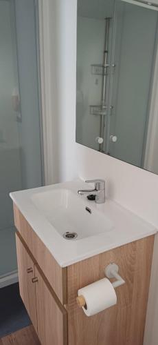 a bathroom with a white sink and a mirror at Le panoramique in Saillagouse