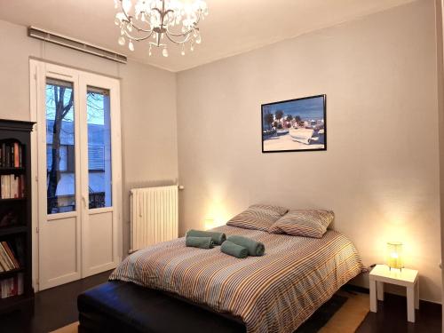 a bedroom with a bed and a chandelier at Le Magnolia Vichy in Vichy