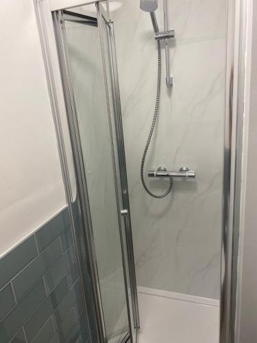 a shower in a bathroom with a glass door at Chimney View Annexe in Wootton