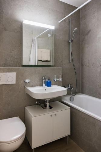 a bathroom with a sink and a toilet and a mirror at The Mini Minimalist Free Parking in Lausanne