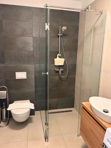 a bathroom with a shower and a toilet and a sink at Luxury Apartment Ansi in Murter