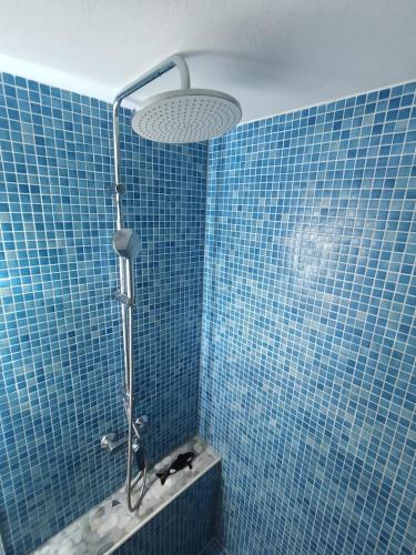 a blue tiled bathroom with a shower and a tub at Irini Garden House in Vathí