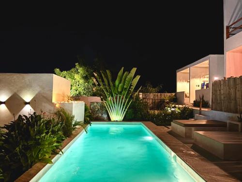 a swimming pool in a backyard at night at Kasa Koh in Brisas de Zicatela