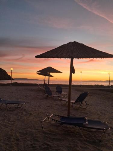 a group of chairs and umbrellas on a beach at Theseus beach with sea and sunrise view in Heraklio Town