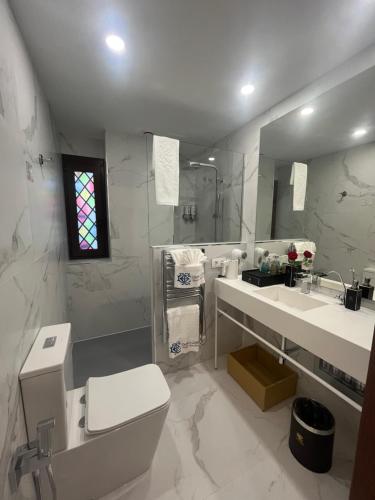 a bathroom with a toilet and a sink and a mirror at Hotel Boutique Casón De Los López in Toledo