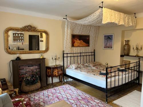 a bedroom with a bed and a mirror and a fireplace at Art Maison Krumlov in Český Krumlov