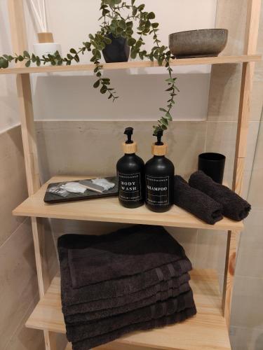 a shelf with two bottles of soap and towels at Apartment with a terrace in Vienna