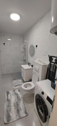 Un baño blanco con inodoro y lavabo. en Apartman Vaske 2, en Brčko