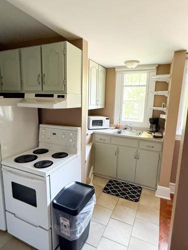 een keuken met een wit fornuis en een wastafel bij Chic Midstream Studio WiFi Parking in St. John's