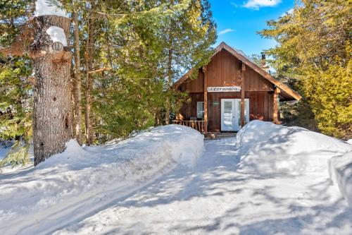 a log cabin in the snow with a driveway at Le P'tit Bonheur - Plage avec embarcations in Sainte-Lucie-de-Doncaster