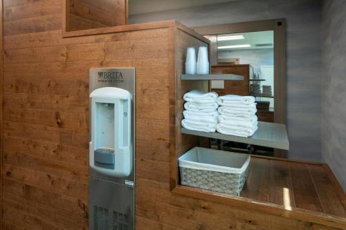a bathroom with a towel dispenser and a pile of towels at Fairfield Inn & Suites by Marriott Savannah Midtown in Savannah