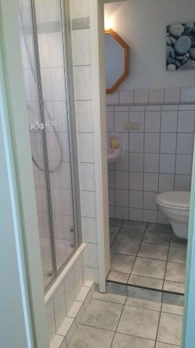 a bathroom with a shower and a toilet at Ferienwohnung Lino in Zinnowitz