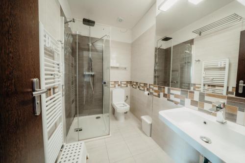 a bathroom with a toilet and a shower and a sink at Rezidence Rokytnice in Rokytnice nad Jizerou