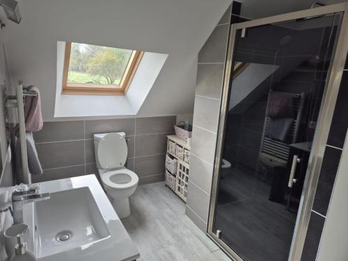 a bathroom with a toilet and a glass shower at Gîte Le Jardin Secret Castanéa Parc Loire Anjou Touraine in Continvoir