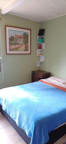 ein Schlafzimmer mit einem Bett und einem Bild an der Wand in der Unterkunft Puka ra in Colonia del Sacramento