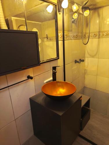 リベラにあるLa Resi Bed & Breakfastのテレビとシャワー付きの洗面台を備えたバスルーム