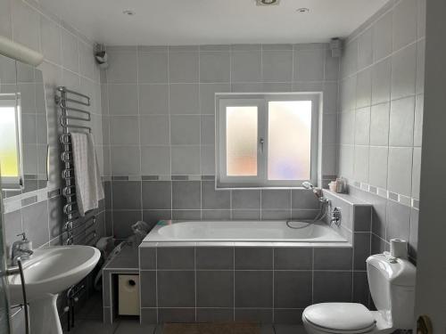 a bathroom with a tub and a toilet and a sink at Clonkellure house in Kilbrittain