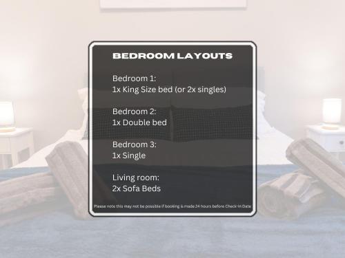 a sign in a bedroom with a bed and two tables at Crew Quarters - Your Ideal Stay in Bury in Tottington