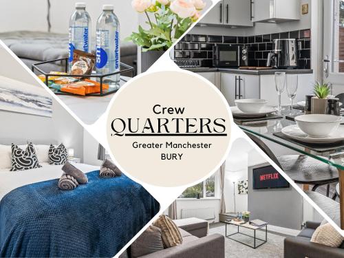 a collage of a kitchen and a living room at Crew Quarters - Your Ideal Stay in Bury in Tottington