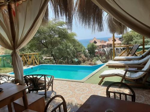 eine Terrasse mit Stühlen und einem Swimmingpool in der Unterkunft Villa Naylamp Loft 2 familiar playa pocitas in Máncora