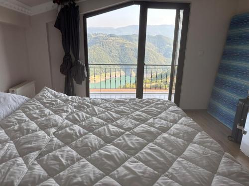 a bed in a bedroom with a large window at House overlooking a lake 