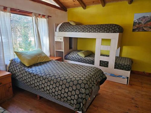 a bedroom with two bunk beds and a window at Ensueño del alma in Villa Pehuenia