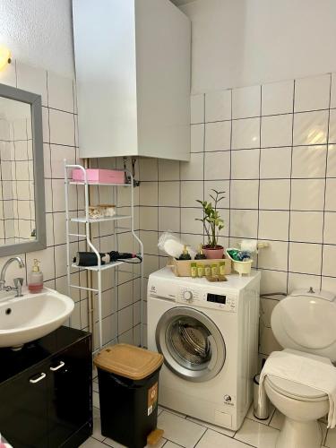 a bathroom with a washing machine and a sink at Roseberry luxury apartment in Tríkala