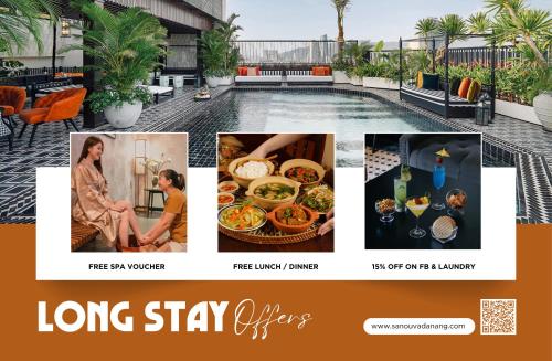 岘港Sanouva Da Nang Hotel - Daily Afternoon Tea Inclusive的一张长住酒店的宣传单，上面有食物的图片。