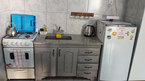 サンベルナルドにあるLa casita de Sanberのシンクと冷蔵庫のある小さなキッチン