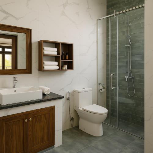 a bathroom with a toilet and a glass shower at Pearl Paradise Villa in Aluthgama