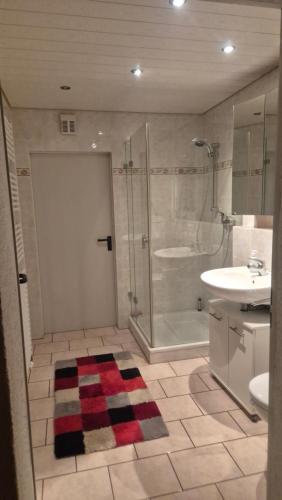 a bathroom with a shower and a toilet and a sink at Ferienhof Krug in Wiggensbach