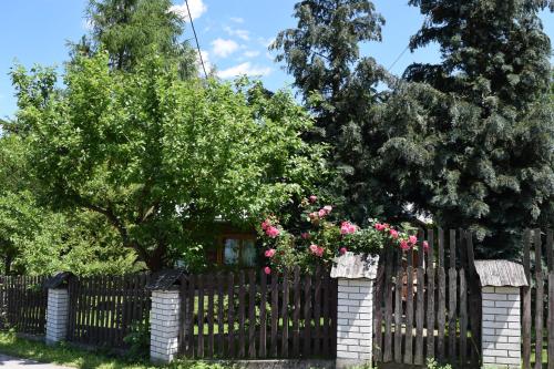 a fence with pink roses on top of it at Góralska Czarcia Chata pod Jałowcem in Stryszawa