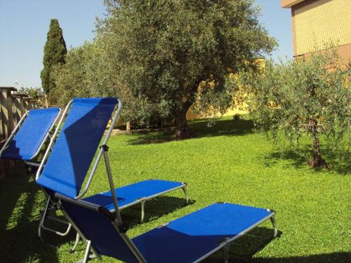 due sedie blu sedute sull'erba in un cortile di B&B Casa degli Ulivi a Nettuno