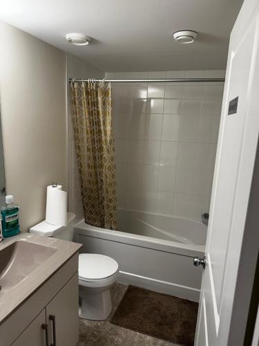 Un baño con inodoro, bañera y lavabo. en Delly place, en Winnipeg