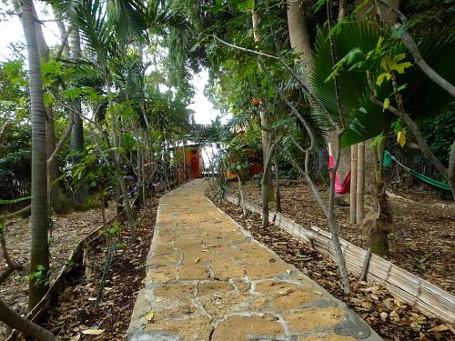 a stone path in a garden with trees at Hostería Ecológica El Faro in Salinas