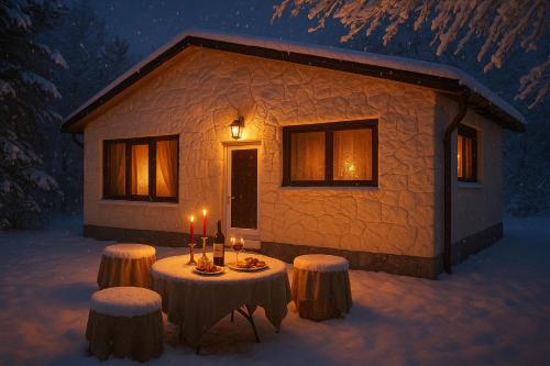 una mesa frente a una cabaña en la nieve en Forest Hide Tiny House, en Covasna