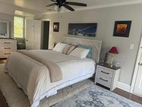 奥尔巴尼Pamoyo Place的一间卧室配有一张大床和吊扇