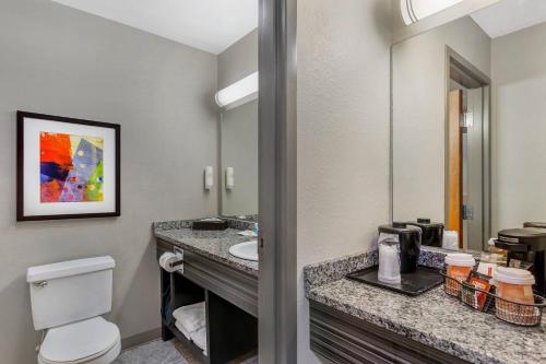a bathroom with a toilet and a sink and a mirror at Comfort Inn Huntington near University area in Huntington