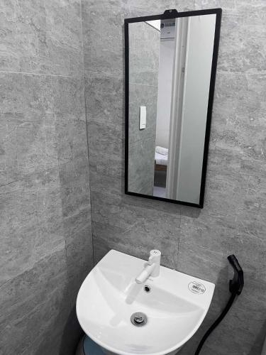 a bathroom with a white sink and a mirror at Bergon Homestay in Burgos