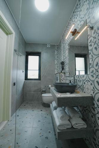 a bathroom with a sink and a toilet and a mirror at Mikheili's Marani Boutique Hotel in Kvareli