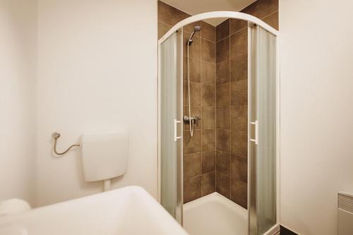 a shower with a glass door in a bathroom at Glamping Bizjak in Preddvor