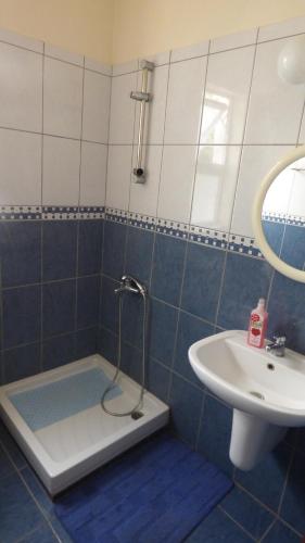 W łazience znajduje się prysznic i umywalka. w obiekcie Kalampakas Guesthouse w Larnace