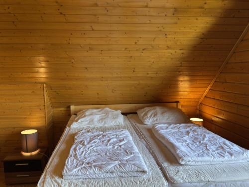 two beds in a room with wooden walls at Blockhaus, Bad Sachsa in Steina