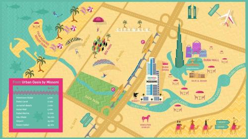 a map of a resort with people and attractions at FAM Living - 3 bedroom and Maids Room Retreat Overlooking Dubai Canal in Dubai