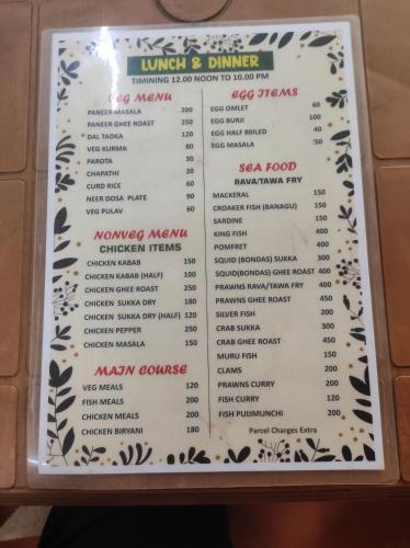 a picture of the menu for lunch and dinner at Adhvaya stay in in Kumta