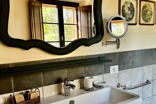 a bathroom sink with a mirror on the wall at Agriturismo La Frattina in Buonconvento
