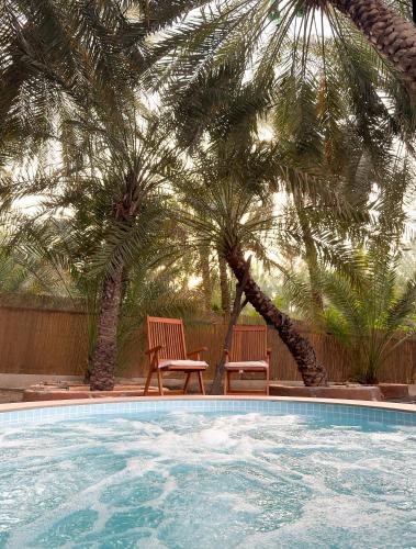 a swimming pool with two chairs and palm trees at Hatta Valley Lodge in Hatta