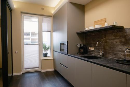 Kuchyň nebo kuchyňský kout v ubytování Luxury Airport Studio with Balcony Cozy & Modern