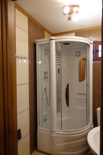a bathroom with a shower with a glass door at Vila Simon in Câmpulung Moldovenesc