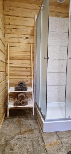 een sauna met houten wanden en een glazen deur bij Nice House in Maidan Village